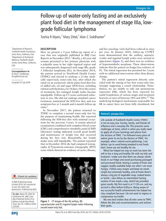 Follow-up of water-only fasting and an exclusively plant food diet in the management of stage IIIa, low-grade follicular lymphoma