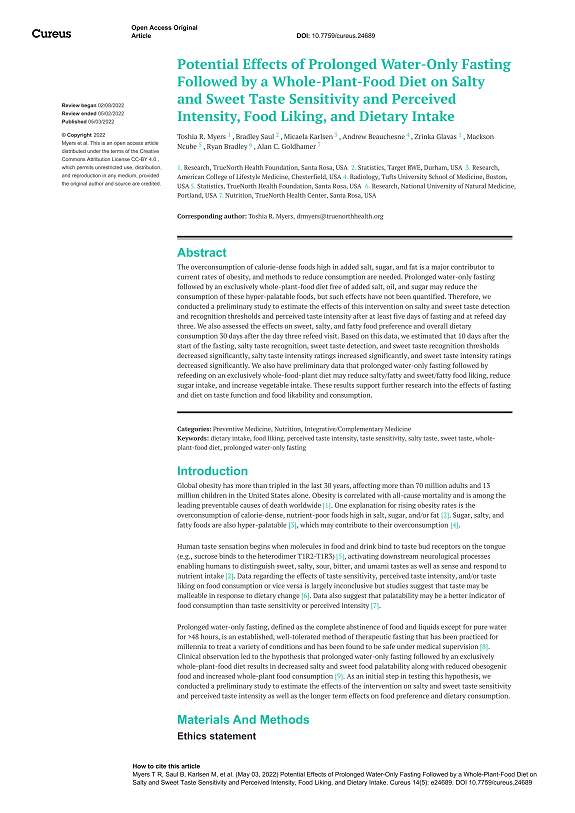 Potential Effects of Prolonged Water-Only Fasting Followed by a Whole-Plant-Food Diet on Salty and Sweet Taste Sensitivity and Perceived Intensity, Food Liking, and Dietary Intake
