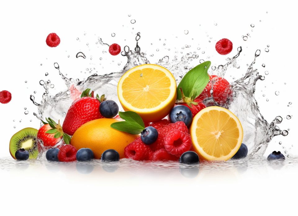 Assorted fruits with water splashes